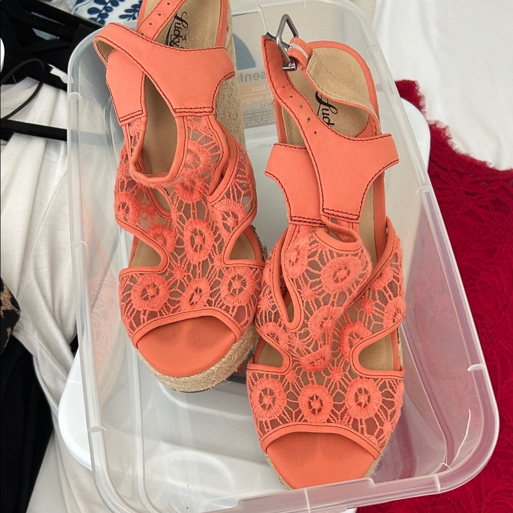 Lucky Brand Coral Lace Wedge Sandals